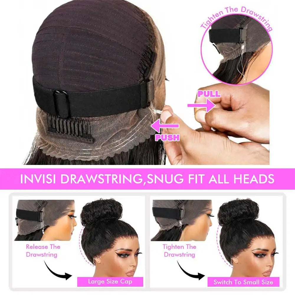 30 Inch 360 Lace Glueless Human Hair Wig - Invisible Strap Kinky Straight Full HD Lace Front Drawstring Wig