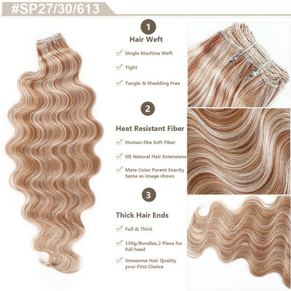 Highlight Gold Bio Body Wave Hair Weave Bundles – 26"/30" Synthetic High Temperature Soft, Natural Human-Like Fiber Hair Extensions