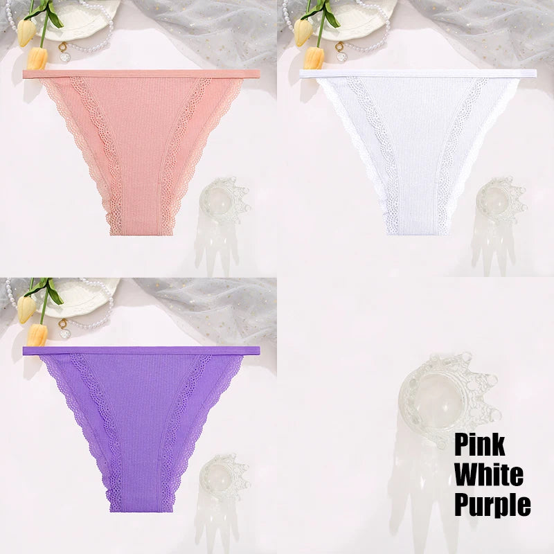 FINETOO 3pcs Women’s Lace Cotton Briefs — Solid, Comfortable, Breathable Soft Underwear & Lingerie