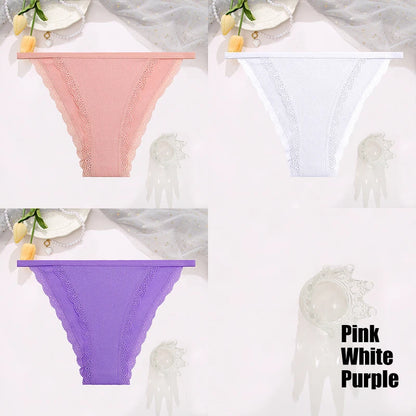 FINETOO 3pcs Women’s Lace Cotton Briefs — Solid, Comfortable, Breathable Soft Underwear & Lingerie