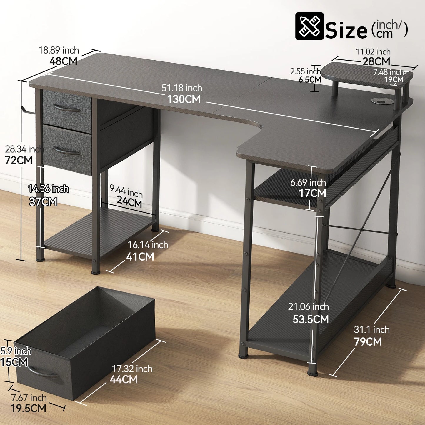 L-Shape Carbon Fiber Gaming Desk with Drawers & Monitor Arm – Home Office Computer Desk
