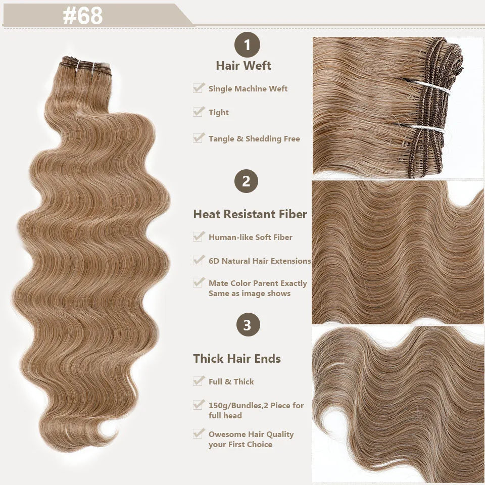 Highlight Gold Bio Body Wave Hair Weave Bundles – 26"/30" Synthetic High Temperature Soft, Natural Human-Like Fiber Hair Extensions