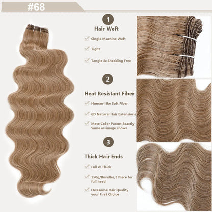 Highlight Gold Bio Body Wave Hair Weave Bundles – 26"/30" Synthetic High Temperature Soft, Natural Human-Like Fiber Hair Extensions