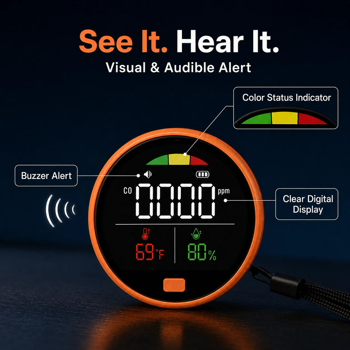 Portable 3-in-1 CO Detector - Carbon Monoxide, Temperature & Humidity Monitor with Buzzer Alert for Home, RV & Camping
