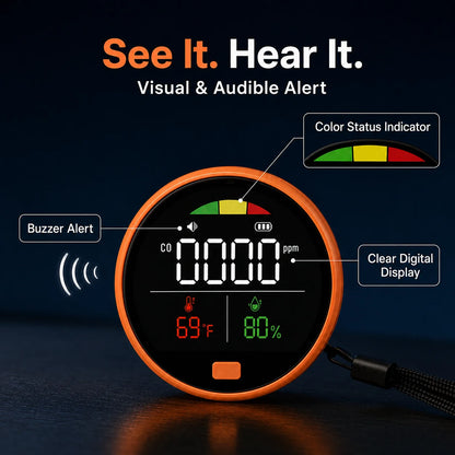 Portable 3-in-1 CO Detector - Carbon Monoxide, Temperature & Humidity Monitor with Buzzer Alert for Home, RV & Camping
