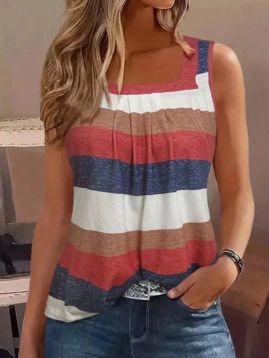 Women’s Square Collar Striped Pleated Vest – Contrast Color Stitching Casual European & American Fashion Top