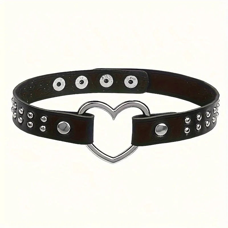 Y2K Punk Gothic Heart Stud PU Leather Choker Necklace — Sexy Everyday Jewelry for Women