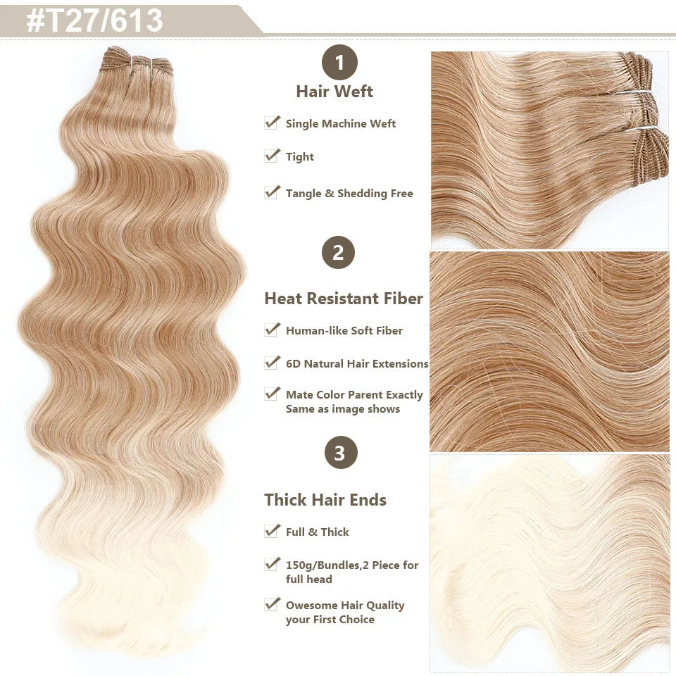 Highlight Gold Bio Body Wave Hair Weave Bundles – 26"/30" Synthetic High Temperature Soft, Natural Human-Like Fiber Hair Extensions