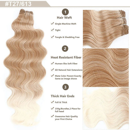 Highlight Gold Bio Body Wave Hair Weave Bundles – 26"/30" Synthetic High Temperature Soft, Natural Human-Like Fiber Hair Extensions