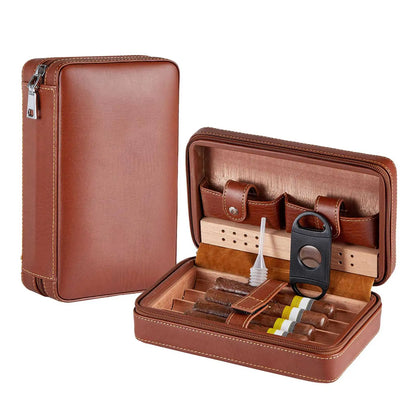 Cedarwood Cigar Case – Portable Leather Cigar Box for 4 Cigars, Humidor Kit with Humidifying Holder & Accessories