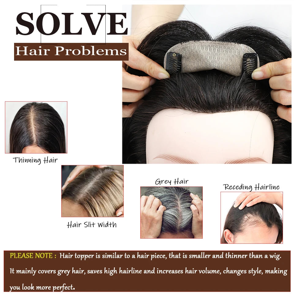 Dazzeal Human Hair Topper – 100% Real Straight Hair, Lace Base, Clip-In with Bangs, 10x12cm, 360° Coverage