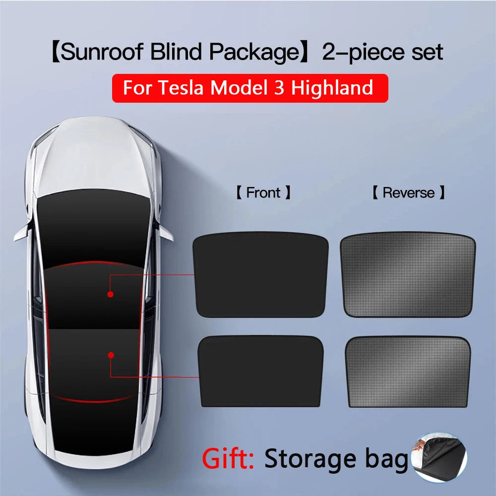 2PCS Car Roof Sunshade Set for Tesla Model 3/Y (Highland & Juniper) – Front & Rear Glass Roof Skylight Ice Cloth Buckle Sun Protection Covers