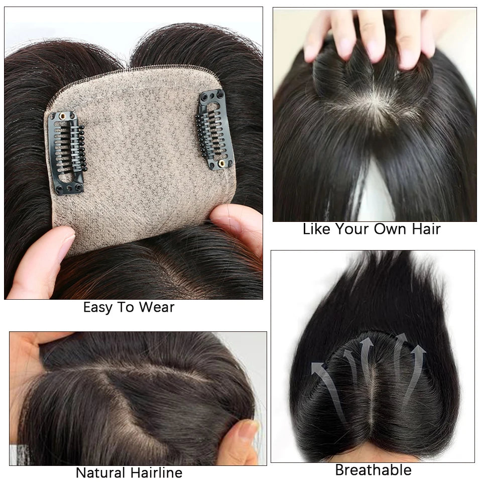 Dazzeal Human Hair Topper – 100% Real Straight Hair, Lace Base, Clip-In with Bangs, 10x12cm, 360° Coverage