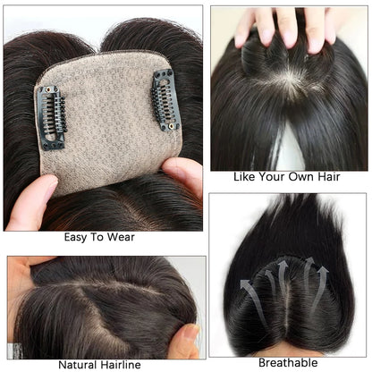 Dazzeal Human Hair Topper – 100% Real Straight Hair, Lace Base, Clip-In with Bangs, 10x12cm, 360° Coverage