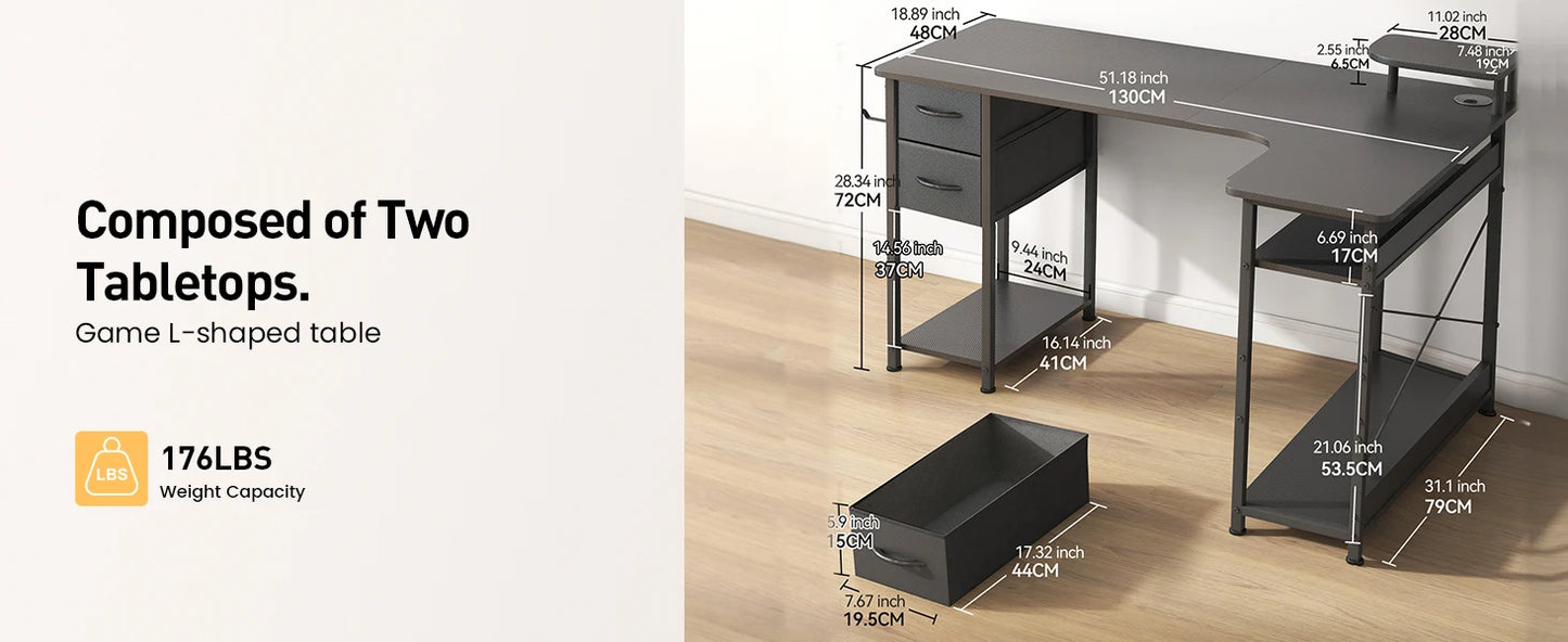 L-Shaped Gaming Desk with Drawers – Carbon Fiber Computer Desk with Monitor Arm for Home Office
