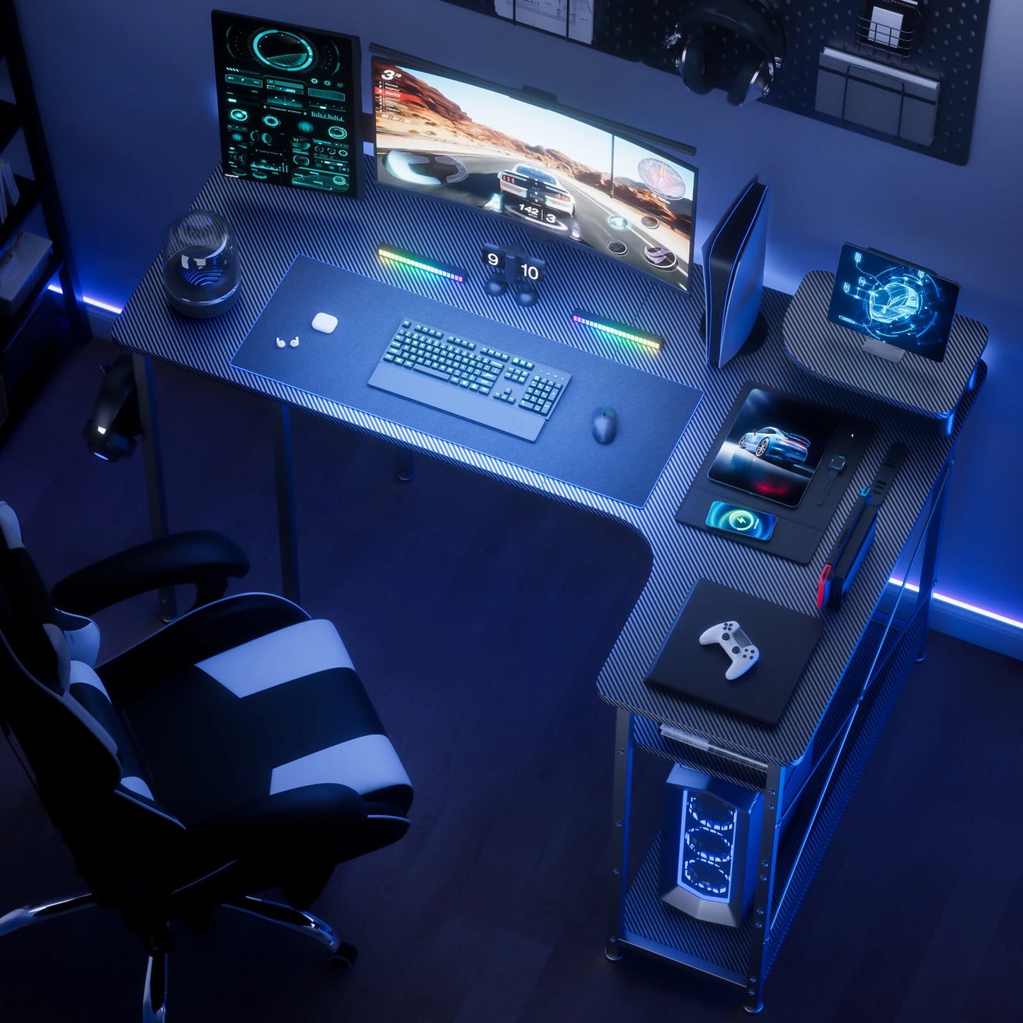 L-Shaped Gaming Desk with Drawers – Carbon Fiber Computer Desk with Monitor Arm for Home Office