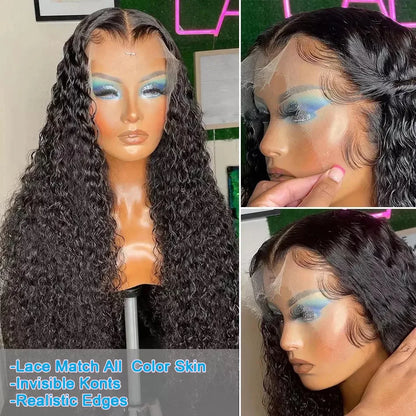 Cosdelu 13x6 Deep Wave HD Lace Frontal Wig - 30-40 Inch Human Hair, 250 Density Brazilian Water Curly Lace Front Wig for Women