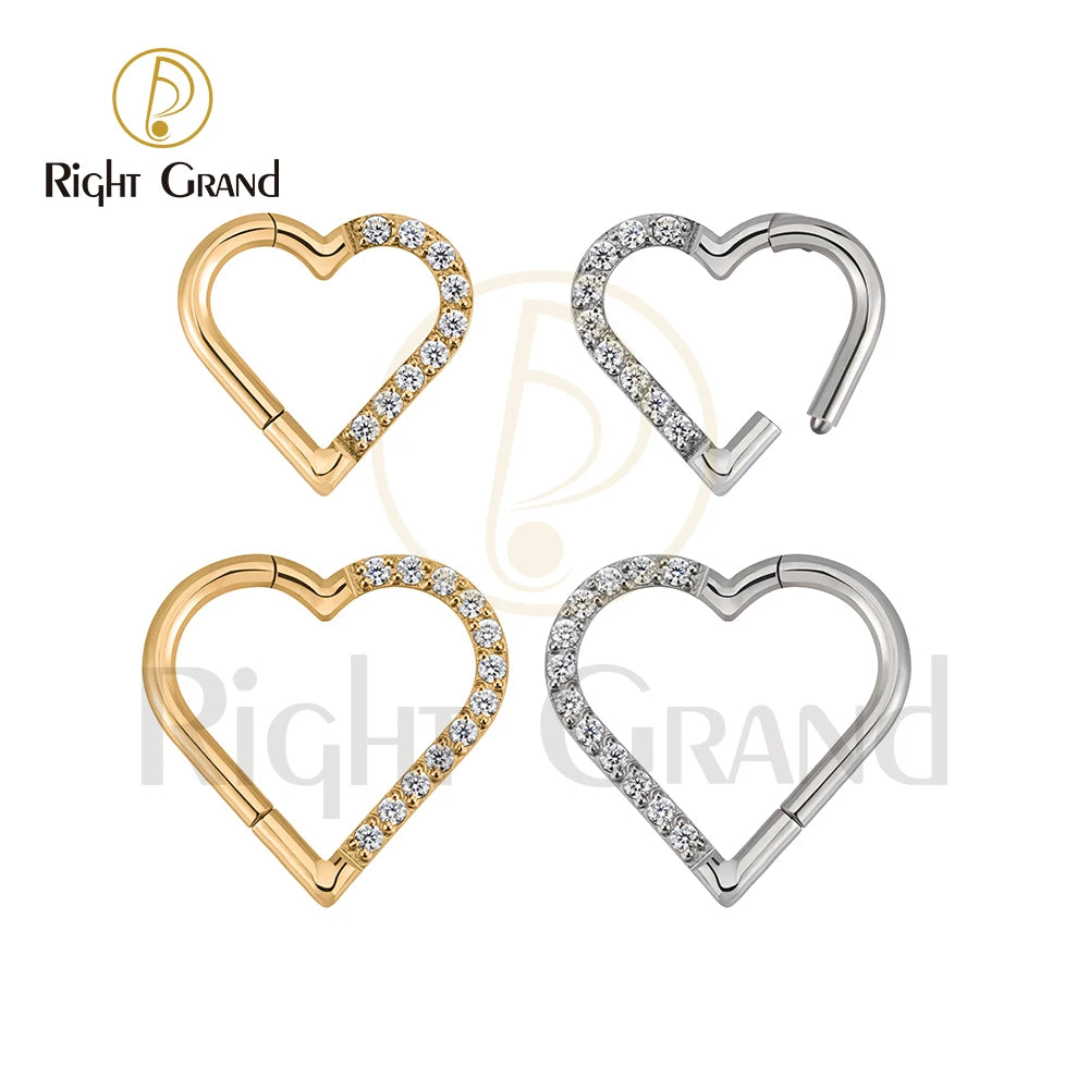 Right Grand ASTM F136 Titanium Daith Heart Hoop Earring – Hinged Segment Ring with Clear CZ for Cartilage, Tragus & Helix Piercing Jewelry