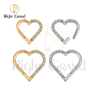 Right Grand ASTM F136 Titanium Daith Heart Hoop Earring – Hinged Segment Ring with Clear CZ for Cartilage, Tragus & Helix Piercing Jewelry