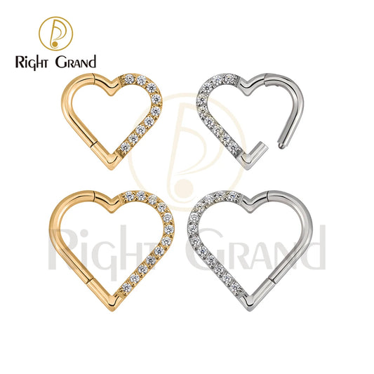 Right Grand ASTM F136 Titanium Daith Heart Hoop Earring – Hinged Segment Ring with Clear CZ for Cartilage, Tragus & Helix Piercing Jewelry