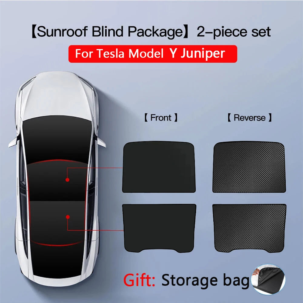 2PCS Car Roof Sunshade Set for Tesla Model 3/Y (Highland & Juniper) – Front & Rear Glass Roof Skylight Ice Cloth Buckle Sun Protection Covers