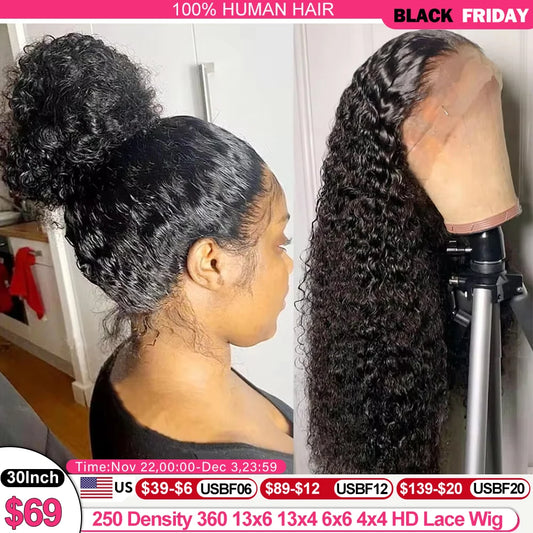250 Density 360 Full HD Lace Front Human Hair Wig – 30 Inch Pre-Plucked Glueless Deep Curly Wave 13x6 Frontal Wig