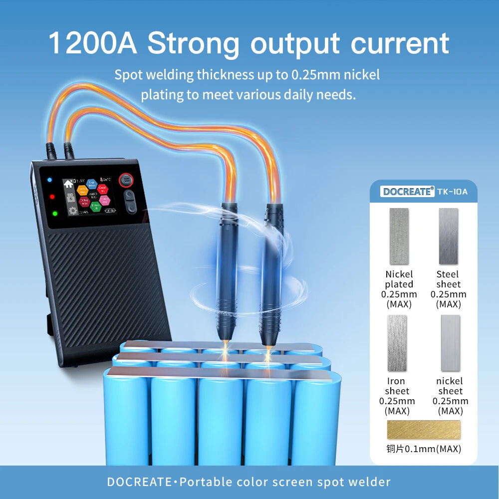 DOCREATE TK-10A Portable Spot Welder 1200A – LCD Display, 8000mAh Battery, Dual Pulse Welding for 0.25mm Nickel Strip