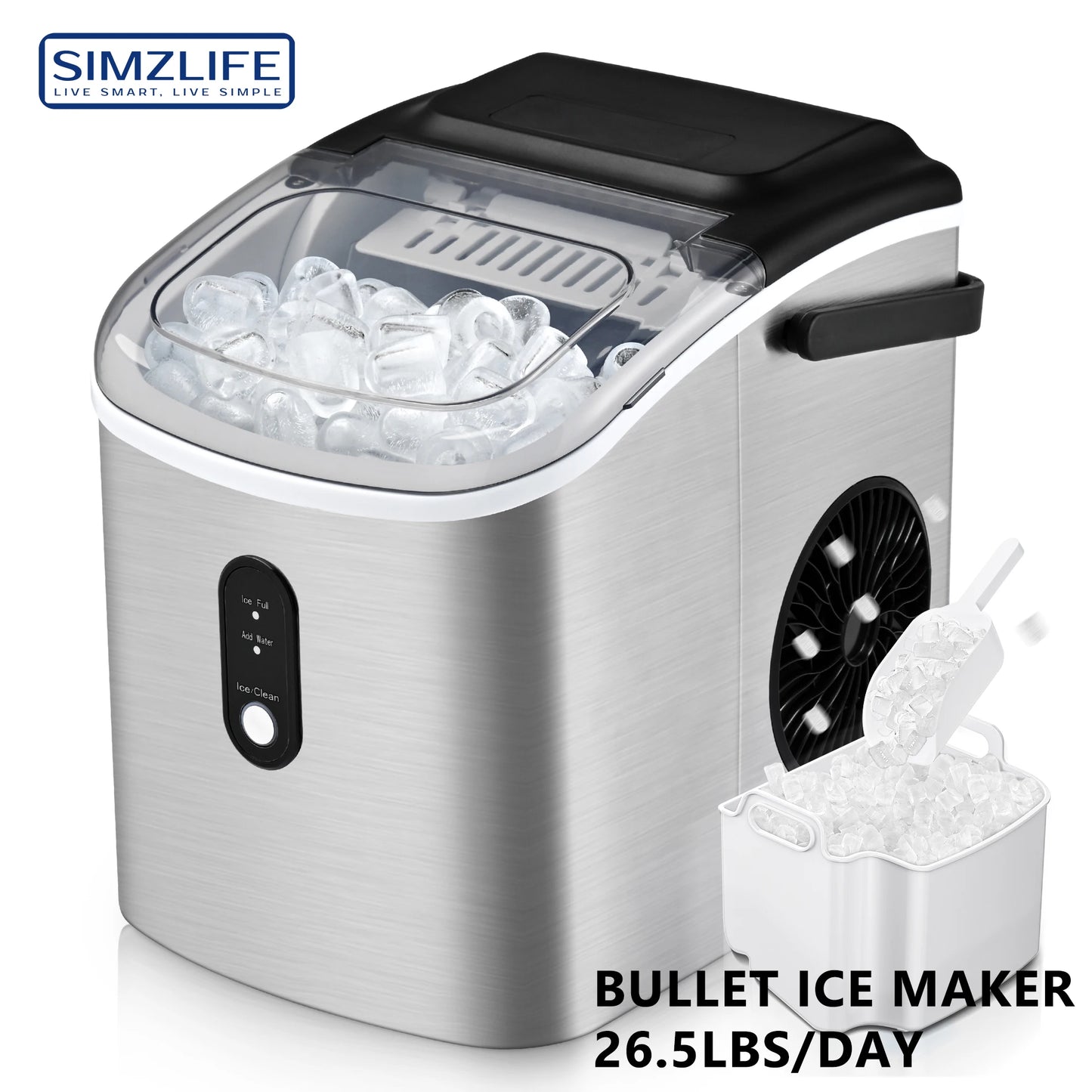 SIMZLIFE Portable Ice Maker Machine – 26.5LBS/Day, 9 Cubes in 6 Mins, Auto-Cleaning for Home, Kitchen & Camping