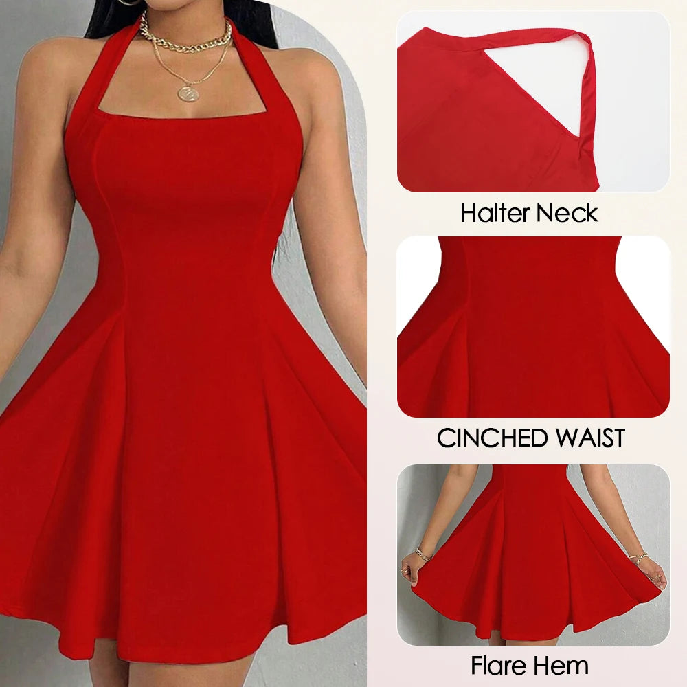Mia Muse All-Season Women's Halter Dress – Square Neck, Pleated A-Line Mini, Elegant New Year & Valentine's Gift
