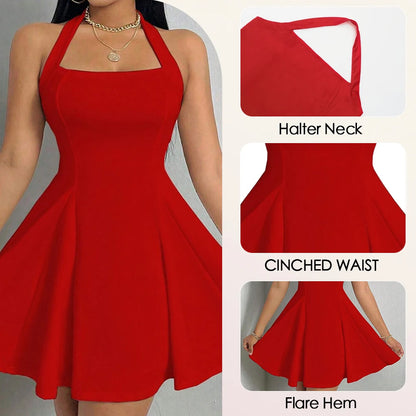 Mia Muse All-Season Women's Halter Dress – Square Neck, Pleated A-Line Mini, Elegant New Year & Valentine's Gift