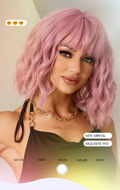 CharmSource Pink BOBO Short Synthetic Wig – Natural Wavy Heat Resistant Hair Wig for Women, Party & Daily Wear