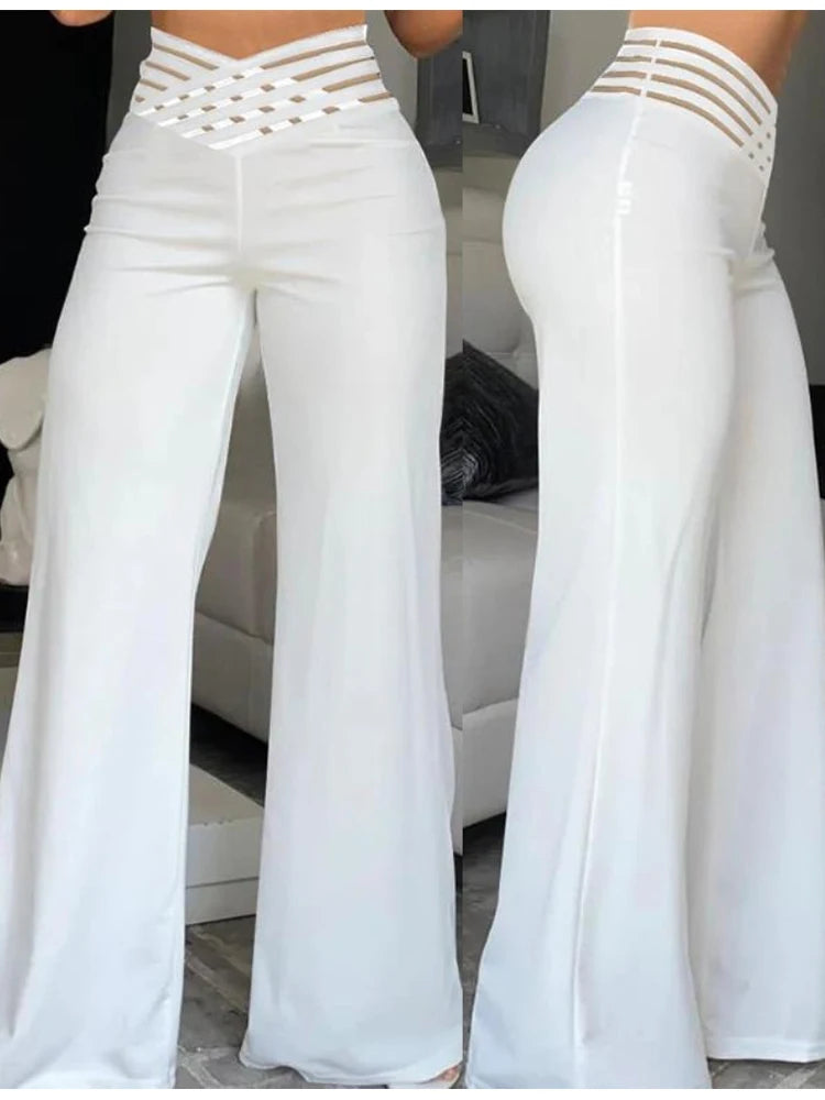 Stay on Trend: Women's Autumn Wide Leg Flared Pants with Crisscross Sheer Mesh Patch - High Waist Y2K Streetwear for an Elegant Work Look