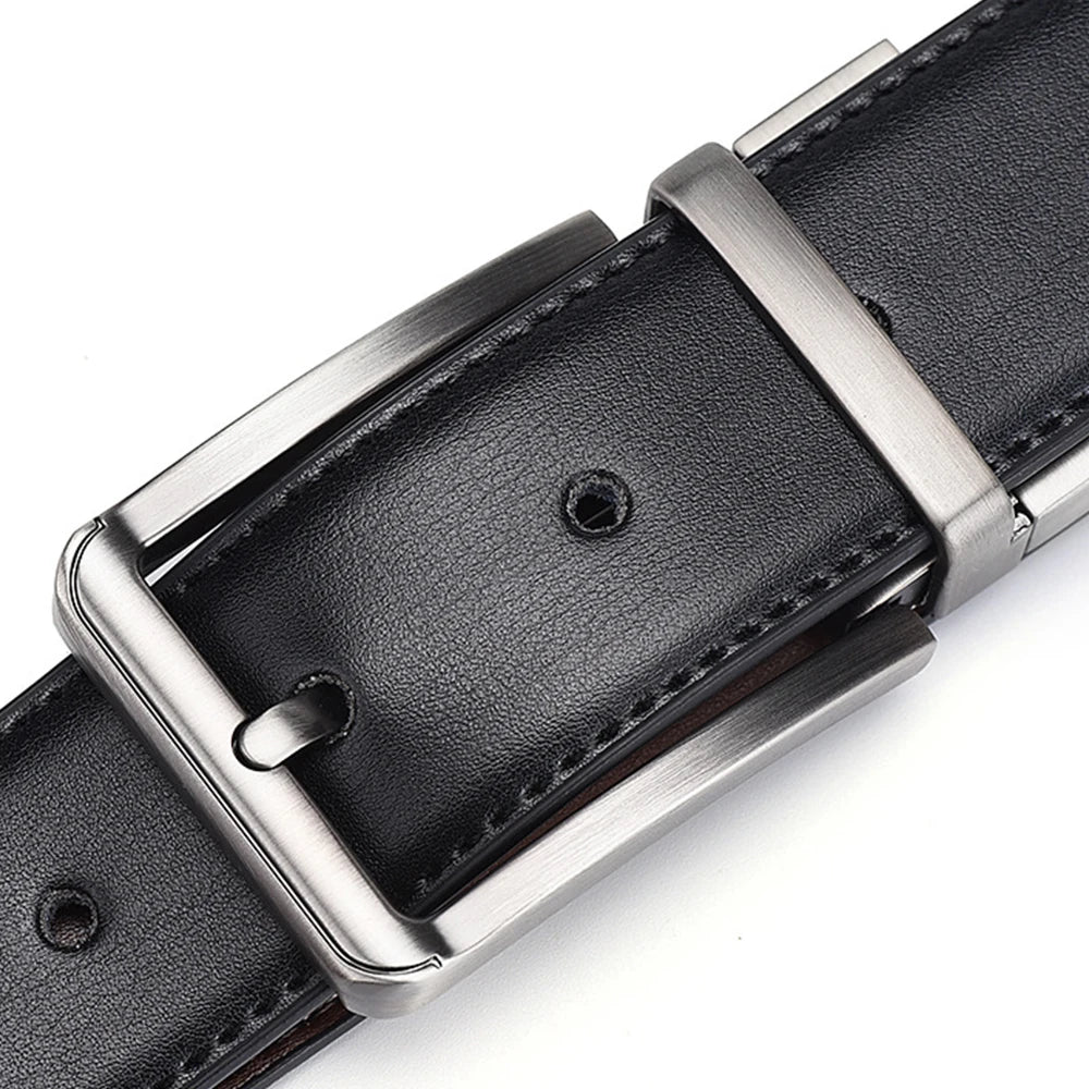 Men’s Genuine Leather Double-Sided Belt – Luxury Retro Pin Buckle with Laser Engraving (High Quality)