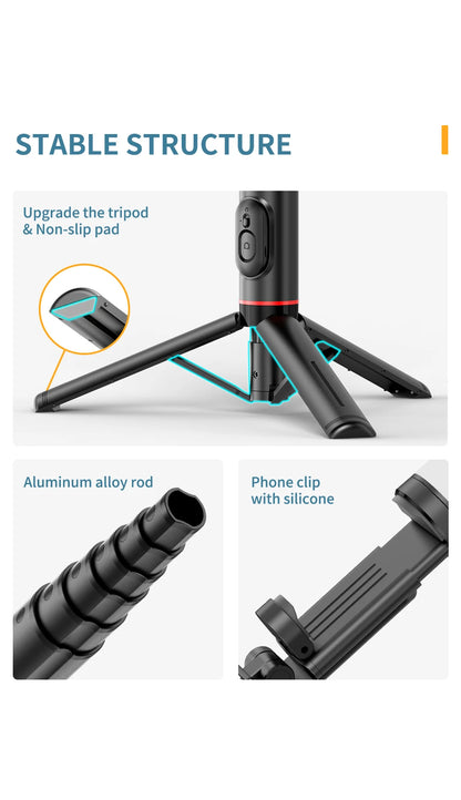 Roreta Portable Wireless Bluetooth Selfie Stick Tripod with Fill Light – Telescopic for iPhone 13, Huawei, Xiaomi & Android Phones
