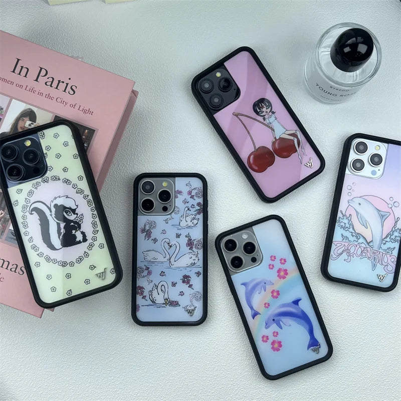 Wildflower Cute Animal Cartoon Phone Case for iPhone 16 Pro Max/16/15 Pro/15/14 Plus/13 Pro/12 Pro – Cherry, Dolphin & Swan Print Design