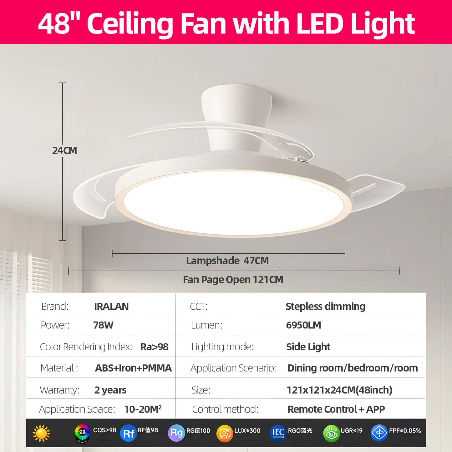 Modern Invisible Ceiling Fan with LED Light - DC Motor, Large Air Volume & Remote Control for Bedroom and Dining Room
