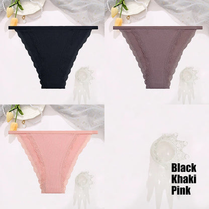 FINETOO 3pcs Women’s Lace Cotton Briefs — Solid, Comfortable, Breathable Soft Underwear & Lingerie