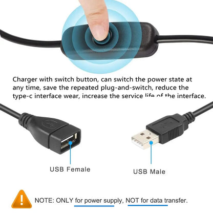 USB Male to Female Extension Cable with On/Off Switch for Dash Cam, LED Lamp, Fan & LED Strips
