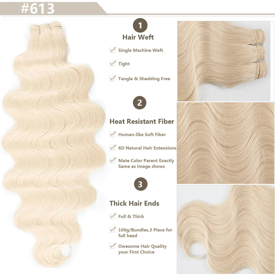 Highlight Gold Bio Body Wave Hair Weave Bundles – 26"/30" Synthetic High Temperature Soft, Natural Human-Like Fiber Hair Extensions