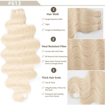 Highlight Gold Bio Body Wave Hair Weave Bundles – 26"/30" Synthetic High Temperature Soft, Natural Human-Like Fiber Hair Extensions