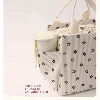 12L Insulated Lunch Box Bag — Thickened Aluminum Foil, Waterproof & Oil-Proof Printed Corduroy Meal Bag