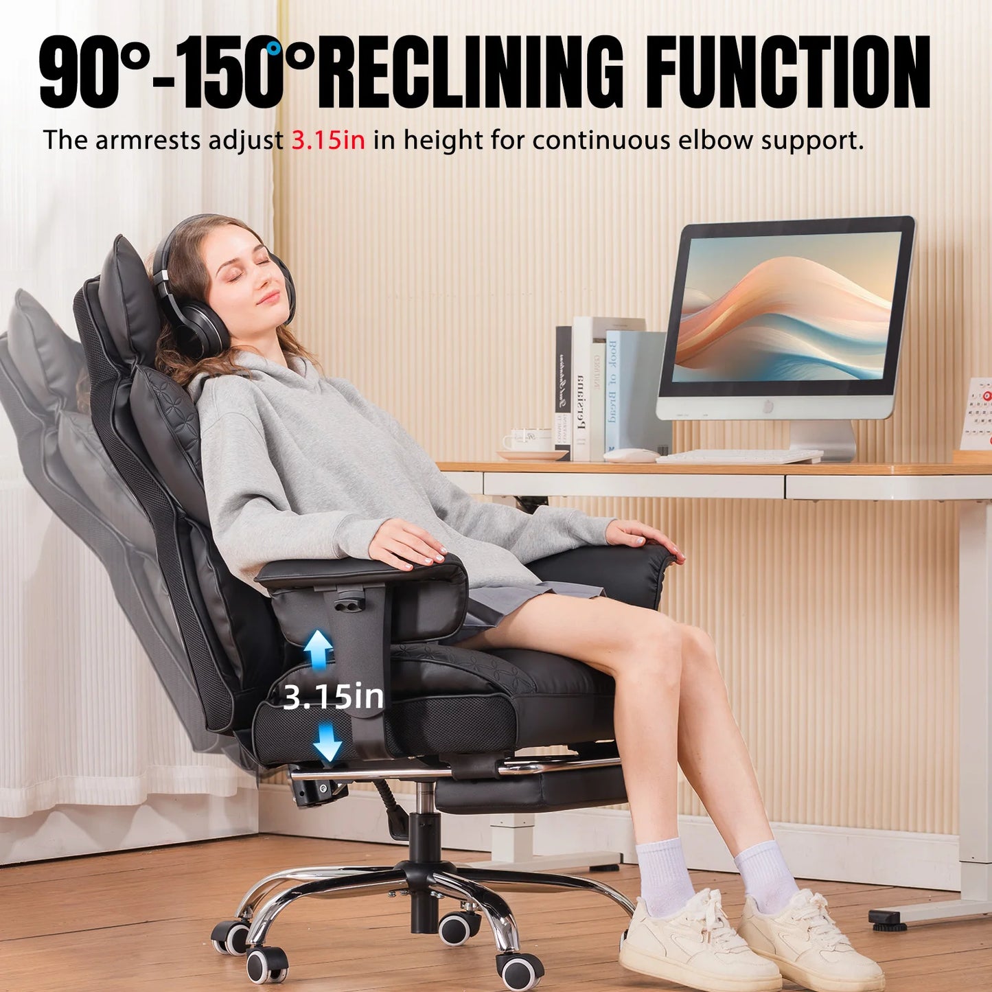 Ergonomic Leather Office Chair - High Back Gaming Chair with Footrest & Adjustable Armrests