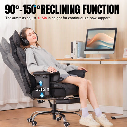 Ergonomic Leather Office Chair - High Back Gaming Chair with Footrest & Adjustable Armrests