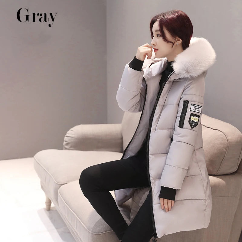 Women's Winter Parka – Fur Collar Hooded Long Jacket, Slim Fit, Warm & Thick with Letter Patch & Zipper Pockets