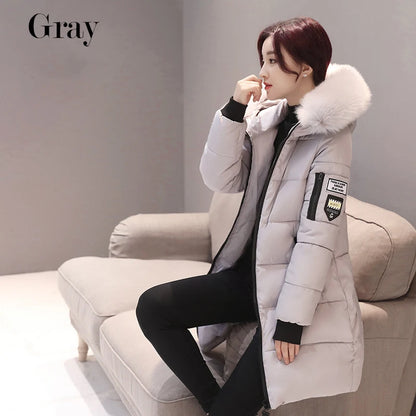 Women's Winter Parka – Fur Collar Hooded Long Jacket, Slim Fit, Warm & Thick with Letter Patch & Zipper Pockets