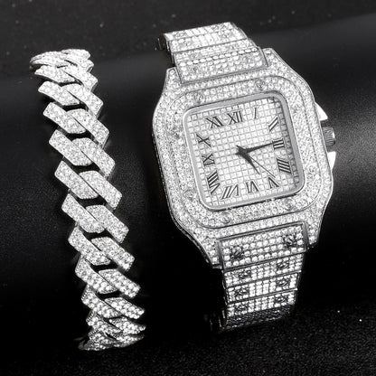 Gold Color Cuban Chain Watch for Men - Hip Hop Miami Curb, Iced Out Rhinestones, Bling Rapper Necklace, Watch & Bracelet Jewelry