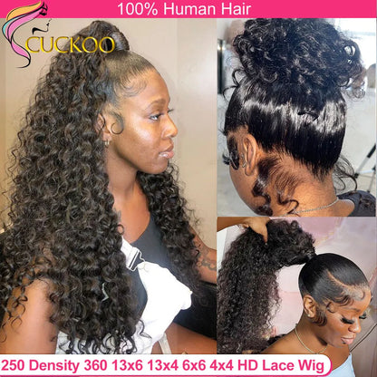 250 Density Deep Curly Wave 360 HD Lace Front Human Hair Wig – Water Wave 13x6 Lace Frontal Glueless Wig, 100% Human Hair