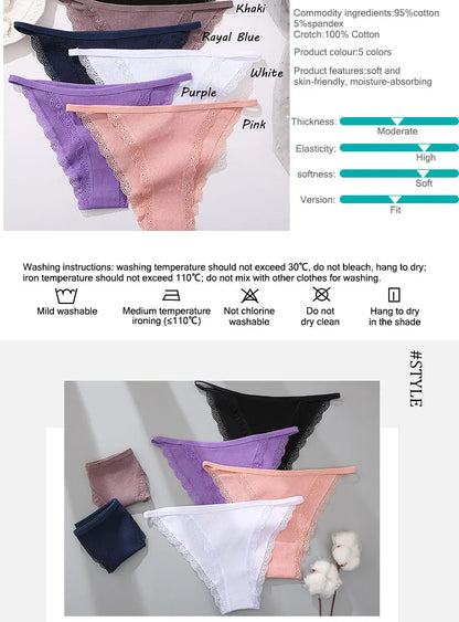 FINETOO 3pcs Women’s Lace Cotton Briefs — Solid, Comfortable, Breathable Soft Underwear & Lingerie