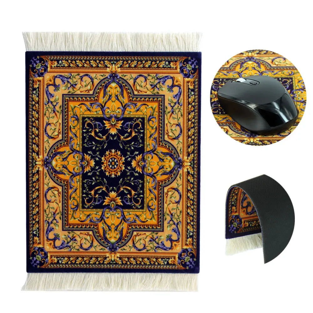 Persian Mini Woven Rug Mousepad - Retro Style Carpet Pattern Cup Laptop PC Mouse Pad with Fringe - Home Office Table Decor Craft