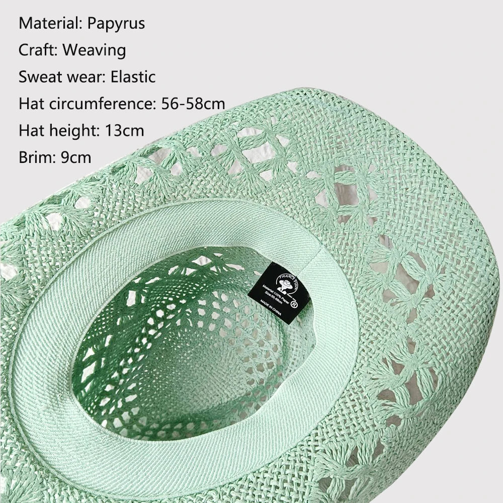 Melesh Western Women's Mint Green Cowboy Hat – Straw, Wide Brim, Plasticity Strong for Sunshine & Beach Wear
